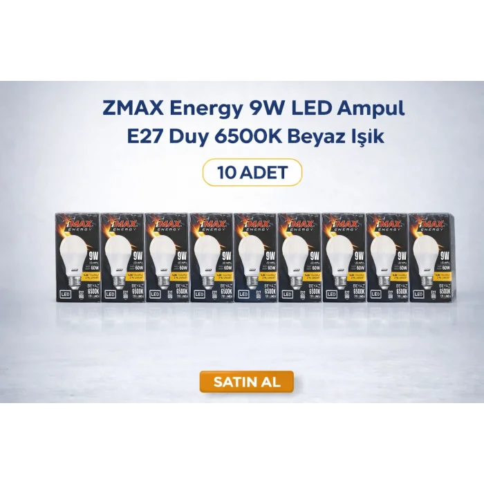 BUĞZ ZMAX Energy 9W LED Ampul E27 Duy 6500K Beyaz Işık 720 Lümen 60W Eşdeğer Enerji Tasarruflu 10 Adet