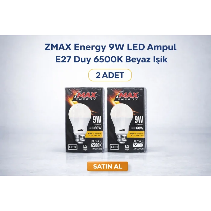 BUĞZ ZMAX Energy 9W LED Ampul E27 Duy 6500K Beyaz Işık 720 Lümen 60W Eşdeğer Enerji Tasarruflu 2 Adet