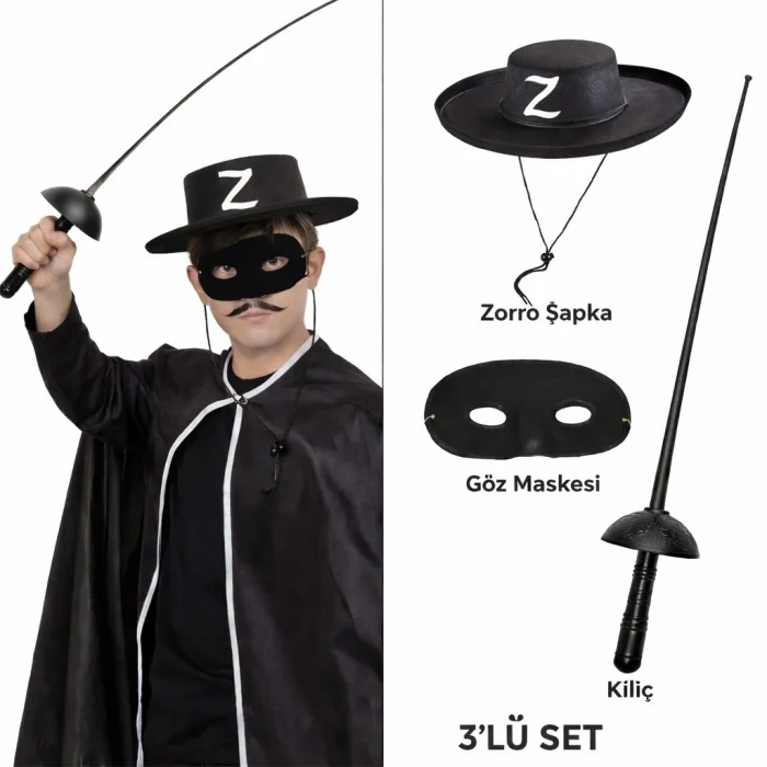 BUĞZ Zorro Kostüm Seti 3’lü Çocuk – Şapka, Maske ve Kılıç