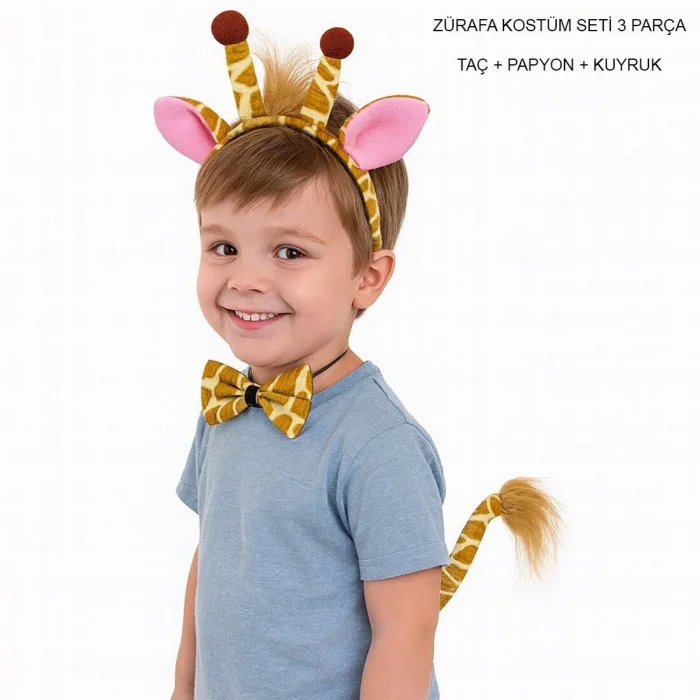 BUĞZ Zürafa Kosümü Aksesuar Seti 3 lü - Taç Papyon Kuyruk