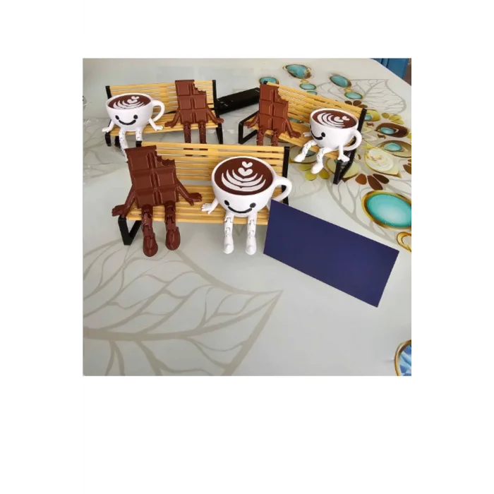 Çok Sevimli Bank Üzerinde Çikolata Ve Espresso Biblo Seti / 3lü Dekoratif Figür Hediyelik Çeyizlik