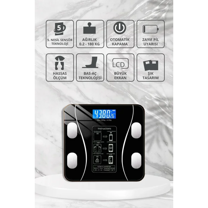 Dijital Baskül Yağ Ölçer Fonksiyonlu Akıllı Baskül Bluetooth Tartı- Siyah