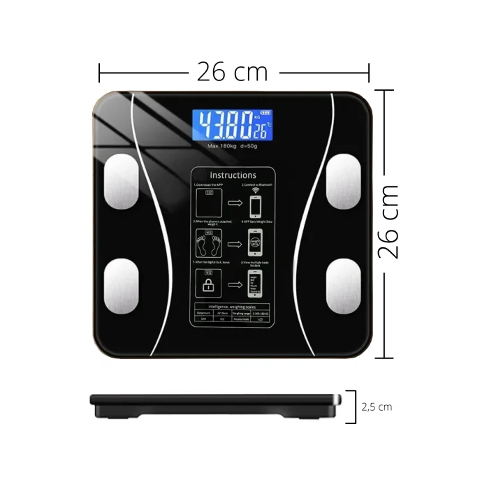 Dijital Baskül Yağ Ölçer Fonksiyonlu Akıllı Baskül Bluetooth Tartı- Siyah