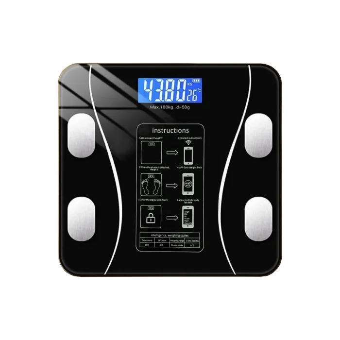 Dijital Baskül Yağ Ölçer Fonksiyonlu Akıllı Baskül Bluetooth Tartı- Siyah