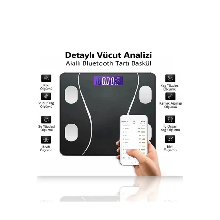 Dijital Baskül Yağ Su Kas Vücut Kitle Endeksi Kilo Ölçer Pilli Bluetoothlu
