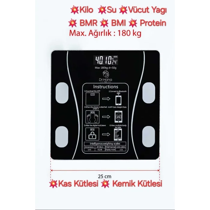 Dijital Baskül Yağ Su Kas Vücut Kitle Endeksi Kilo Ölçer Tartı