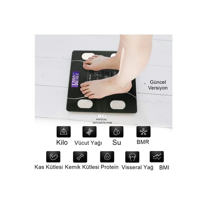 Dijital Tartı Baskül Yağ Su Kas Vücut Kitle Endeksi Kilo Ölçer Tartı Siyah Led Panel
