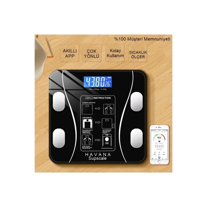 Dijital Tartı Baskül Yağ Su Kas Vücut Kitle Endeksi Kilo Ölçer Tartı Siyah Led Panel