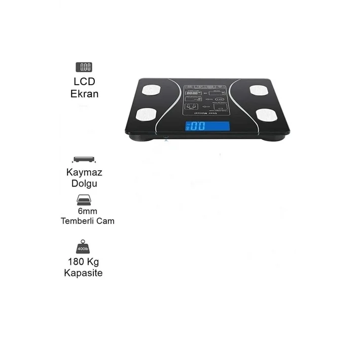Dijital Tartı Baskül Yağ Su Kas Vücut Kitle Endeksi Kilo Ölçer Tartı Siyah Led Panel