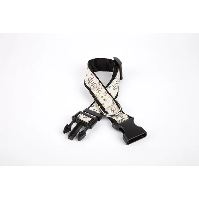 Doggie Desenli Süslü Dokuma Köpek Boyun Tasması 1,5 x 25-40 cm Siyah