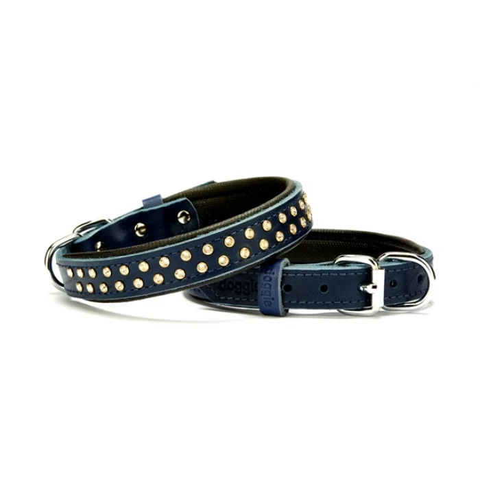 Doggie Konforlu Deri Swarovski Kristal Taşlı Köpek Boyun Tasması 2 x 28-34 cm Mavi