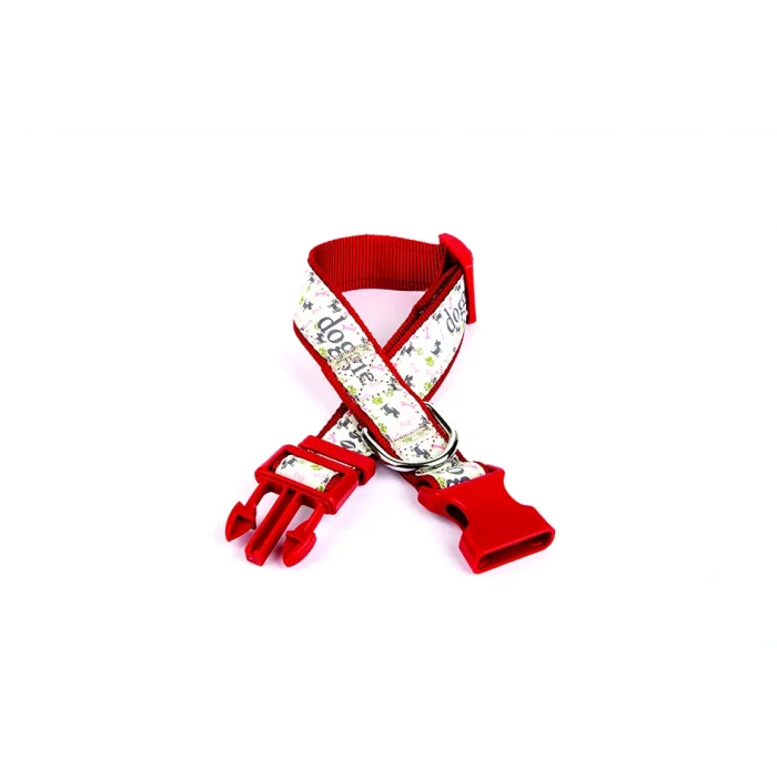 Doggie Köpek ve Pati Desenli Dokuma Köpek Boyun Tasması 3 cm x 36-60 cm Kırmızı