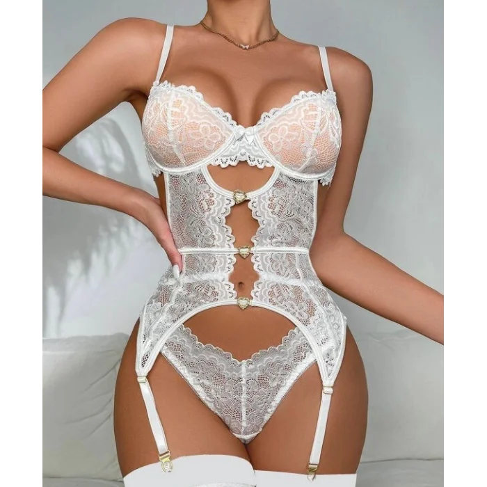 For Dreams 8465 Dantelli Kalp Aksesuar Detaylı Jartiyerli Büstiyer Çorap Takım