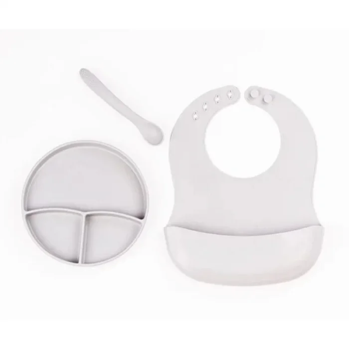 Gri 3’lü Silikon Yemek Seti – Önlük + Diş Kaşıyıcılı Kaşık + Vakumlu Tabak