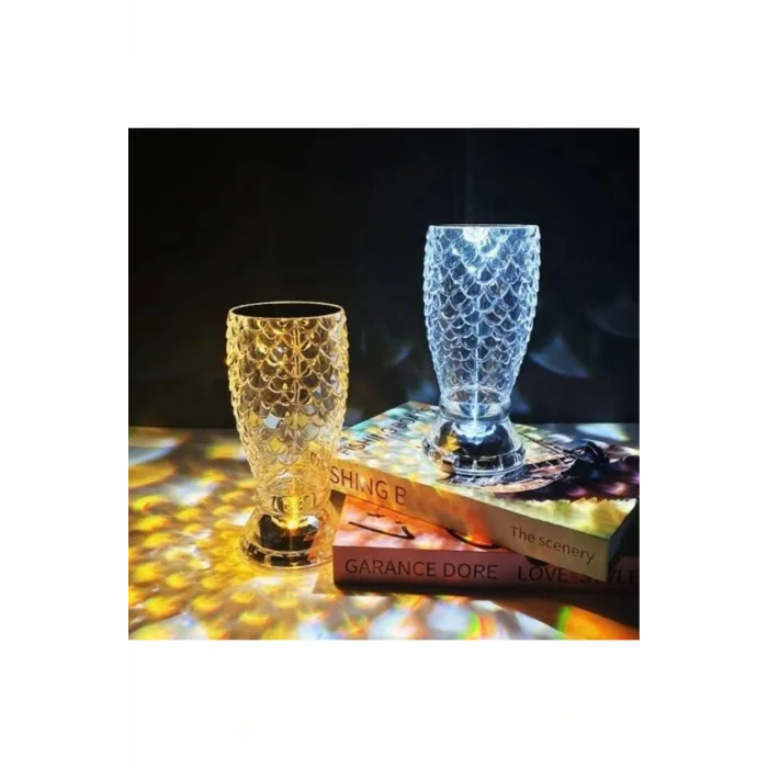 Genel Ürün Balık Süzgeç Model USB Şarjlı Dokunmatik Kumandalı 16 Farklı Işık Modlu Masa Üstü Kristal Ak