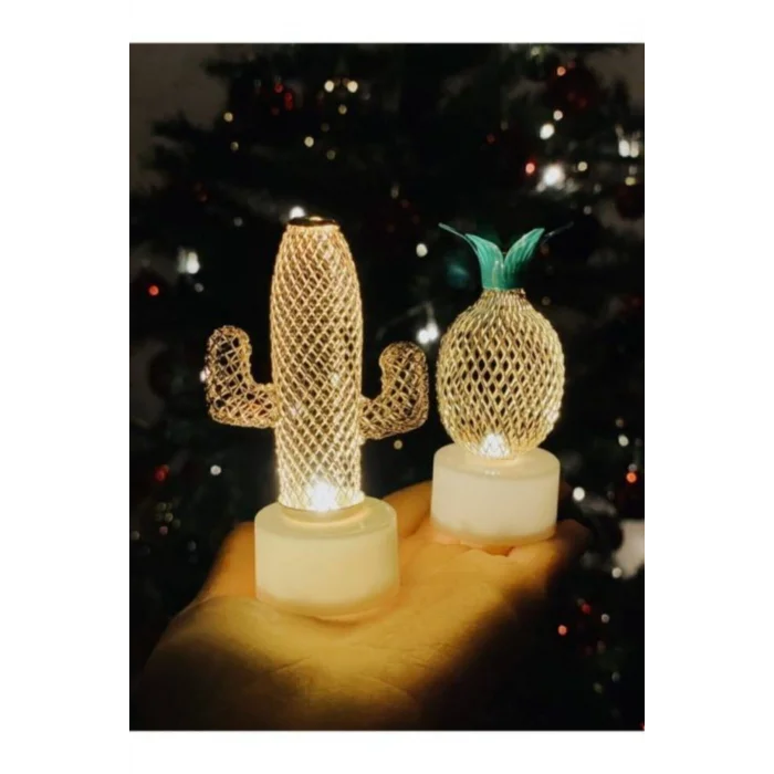 Lamba 2li Metal Ananas Ve Kaktüs Model Mini Gece Ve Masa Dekor Lambası Pilli