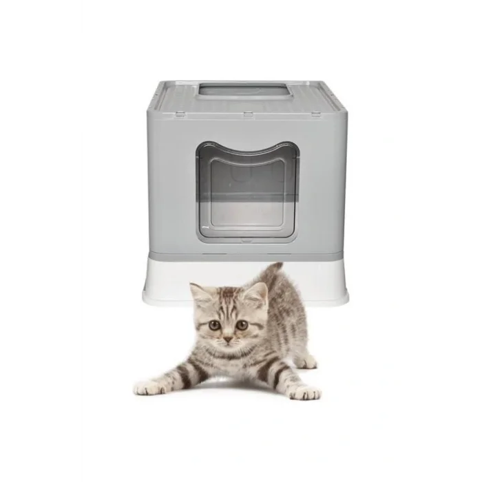 Genel Ürün CexCat Lüx Katlanabilir Çekmeceli Dışarı Kum Çıkmayan Kapalı Kedi Tuvaleti Gri 50-40-38cm