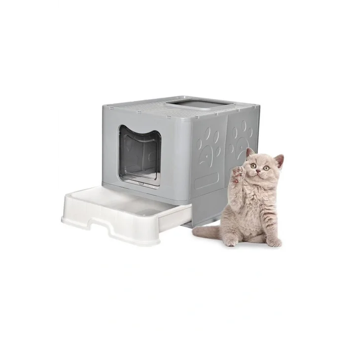 Genel Ürün CexCat Lüx Katlanabilir Çekmeceli Dışarı Kum Çıkmayan Kapalı Kedi Tuvaleti Gri 50-40-38cm