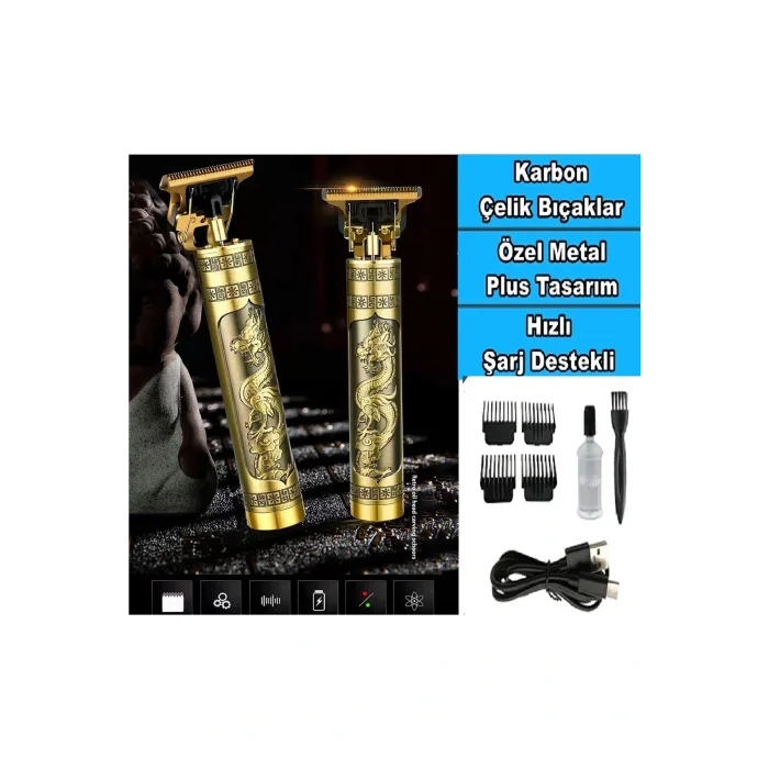 Genel Ürün Vıntage T9 Şarjlı Şık Tasarımlı Metal Gövdeli Altın Kol Bacak Yanak Vucüt Saç Sakal Kesme Makinesi