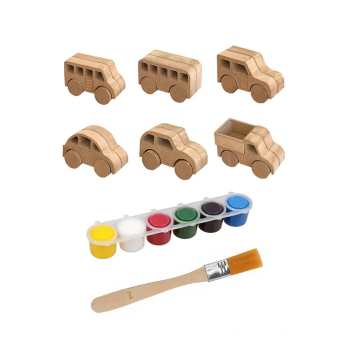Oyuncak Ahşap Oyuncak 6 Araba Seti 6 Boya Seti Ve Fırça Hediyeli