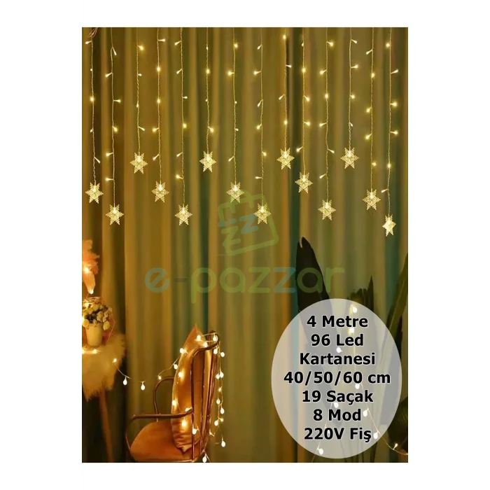 Genel Ürün 4 Metre Kartanesi 40/50/60 Cm 19 Saçaklı Yılbaşı Organizasyon Konsept Süsleme 8 Mod Perde Led Işık