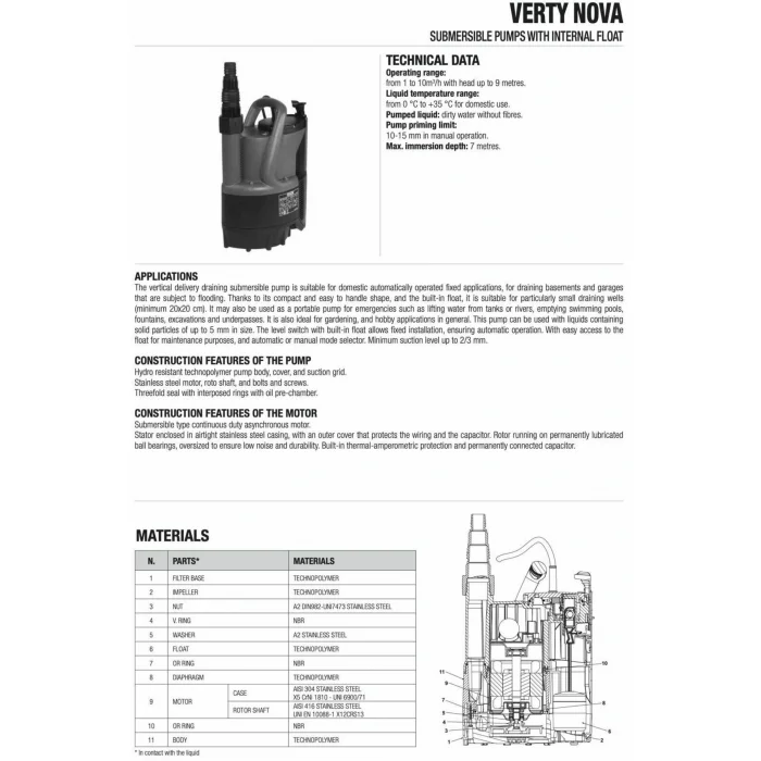 Genel Ürün Verty Nova 400 M - 400 Watt Gizli Flatörlü Sıfırdan Emişli Dalgıç Pompa - 1¼