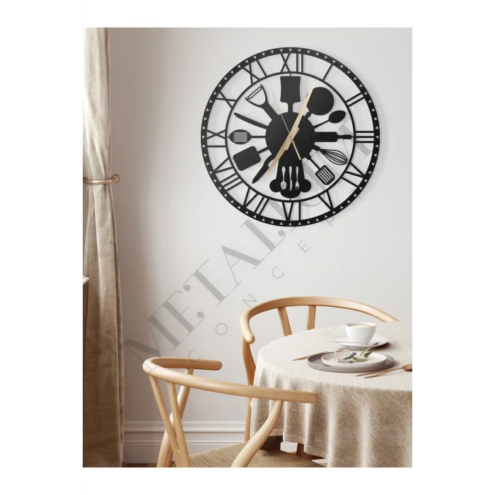Kol Saati Modern Metal Duvar Saati Mutfak (ÇATAL KAŞIK) Temalı 45x45cm 45 x 45 Siyah Yuvarlak Metal