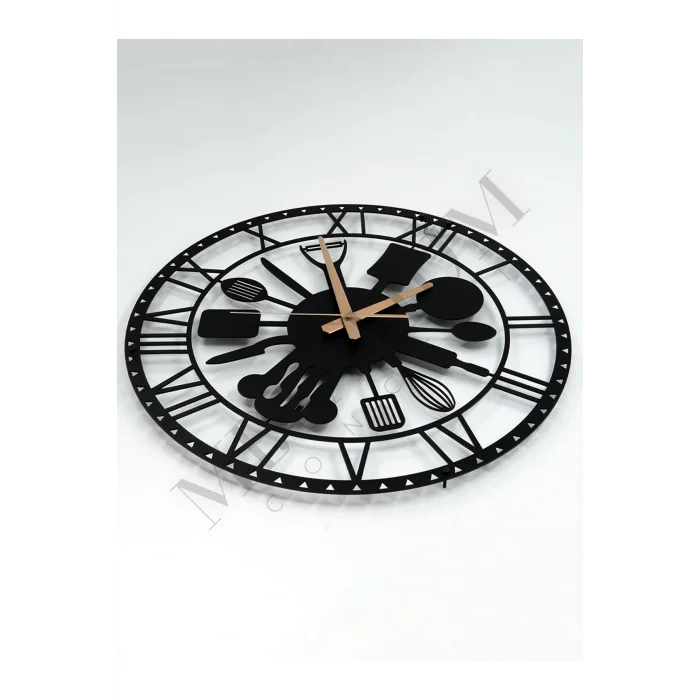 Kol Saati Modern Metal Duvar Saati Mutfak (ÇATAL KAŞIK) Temalı 45x45cm 45 x 45 Siyah Yuvarlak Metal