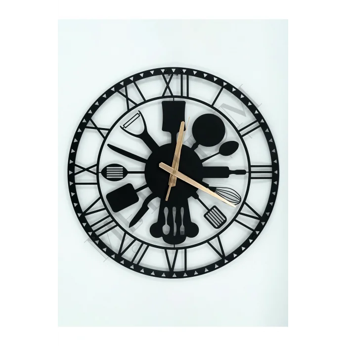 Kol Saati Modern Metal Duvar Saati Mutfak (ÇATAL KAŞIK) Temalı 45x45cm 45 x 45 Siyah Yuvarlak Metal