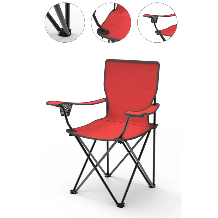 Genel Ürün Tek Kişilik Kamp Sandalyesi - Katlanır Sandalye Metal Katlanabilir Tekli Kırmızı