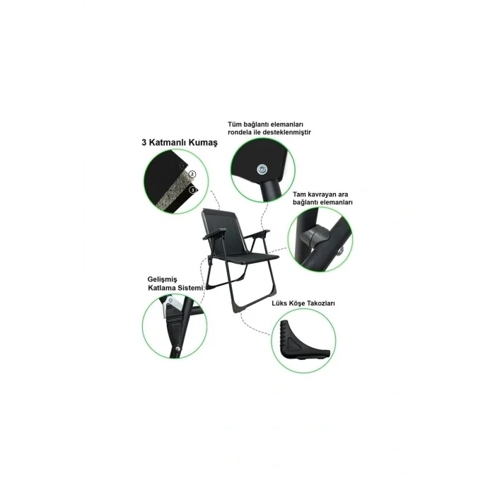 Genel Ürün Siyah Katlanır Plastik Kollu Lüks Kamp Sandalyesi Katlanabilir Plastik Tekli Tek Kişilik