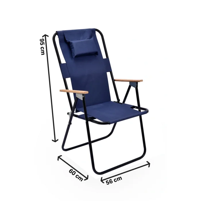 Genel Ürün Tek Kişilik Yastıklı yüksek sırtlı katlanır büyük boy kamp piknik sandalyesi, ağaç kollu-Lacivert T