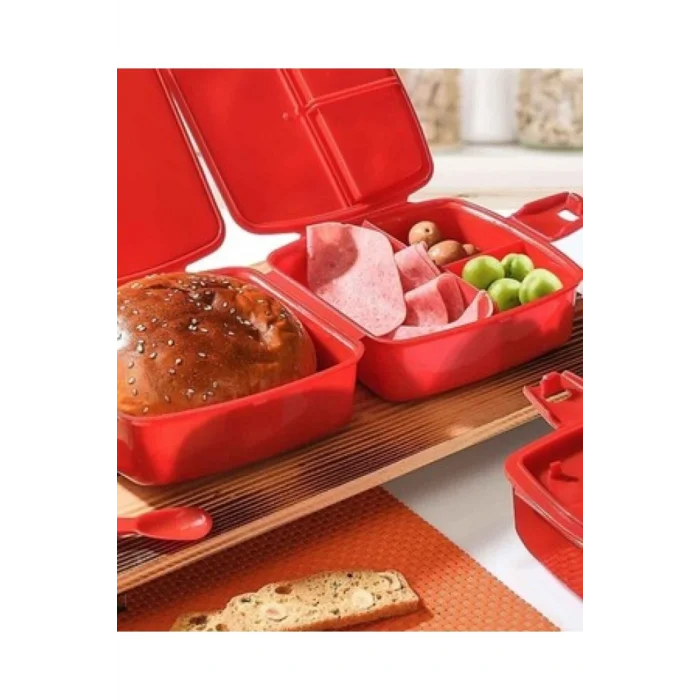Genel Ürün 2 Katlı 4 Bölmeli Kırmızı Premium Kiddy Lunch Box - Premium 3 1 Beslenme Çantası -yemek Saklama Kabı