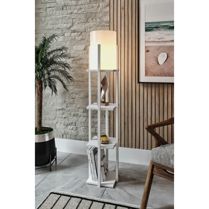 Lamba Beyaz Dekoratif Modern Ahşap Mdf 3 Raflı Çerçeveli Lambader