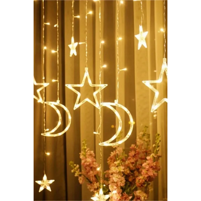 Genel Ürün Dekoratif Süsleme Işığı Ay Yıldızlı Tel Led Perde Süsleme Işığı 3 Metre Yılbaşı Doğum Günü Işık