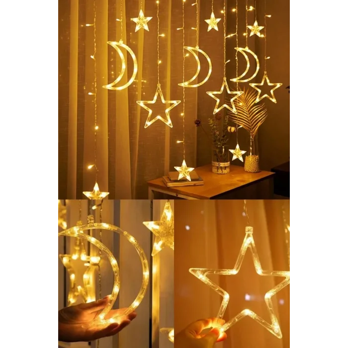 Genel Ürün Dekoratif Süsleme Işığı Ay Yıldızlı Tel Led Perde Süsleme Işığı 3 Metre Yılbaşı Doğum Günü Işık