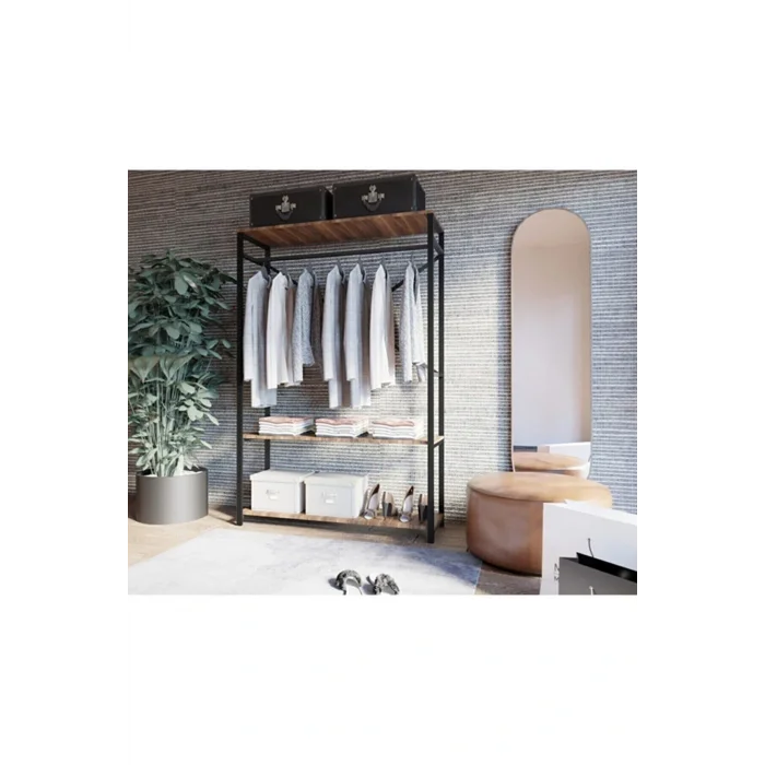 Dolap Düzenleyici Alkor Masif Ceviz Desenli Metal Ayaklı Açık Giyinme Dolap Portmanto Elbise Askılık