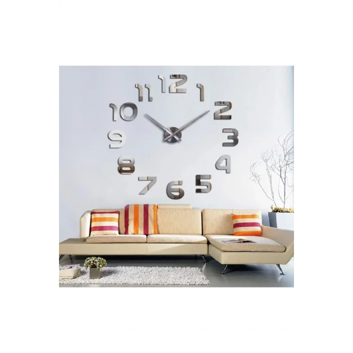 Kol Saati Modern 3d Duvar Saati Latin Rakamlar Büyük Boy 80 x 80 Gümüş