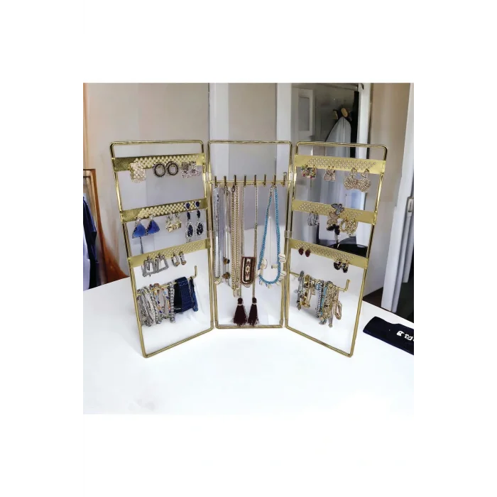 Genel Ürün Dekoratif Takı Standı Takı Düzenleyici Organizeri Kutusu 3 Parça Kolye Yüzük Küpelik Model-2 Gold