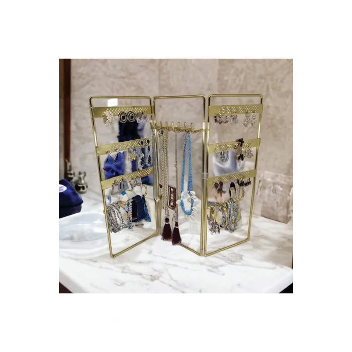 Genel Ürün Dekoratif Takı Standı Takı Düzenleyici Organizeri Kutusu 3 Parça Kolye Yüzük Küpelik Model-2 Gold