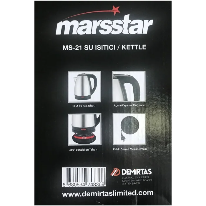 Genel Ürün Marsstar 1,8lt Paslanmaz Çelik Su Isıtıcı Kettle 1500 Watt 2 Yıl Garanti Ms-21- 118
