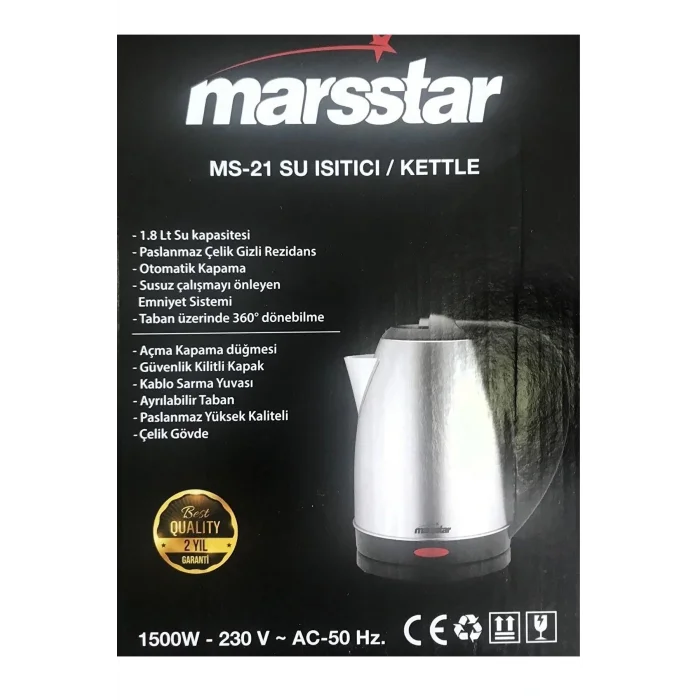 Genel Ürün Marsstar 1,8lt Paslanmaz Çelik Su Isıtıcı Kettle 1500 Watt 2 Yıl Garanti Ms-21- 118