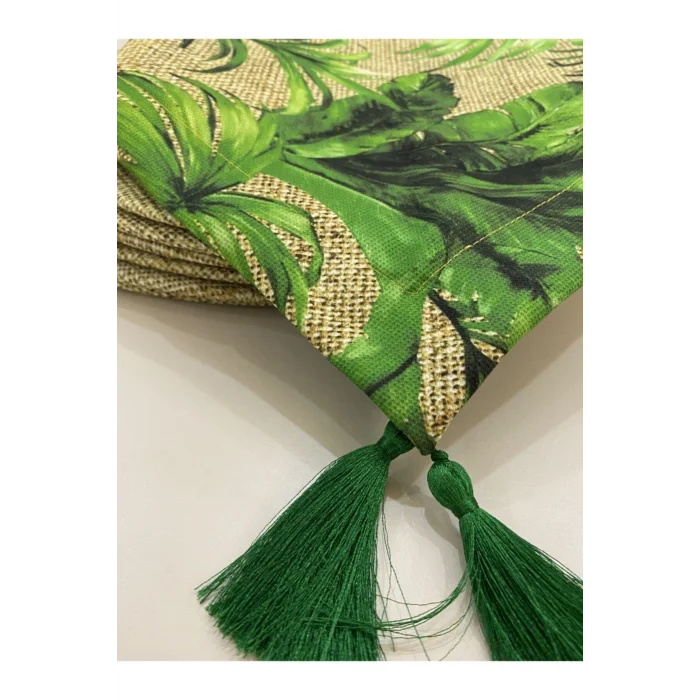 Genel Ürün Yeşil Yaprak Desenli Runner Ve 2li Supla Seti