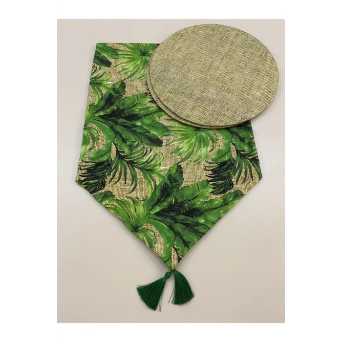 Genel Ürün Yeşil Yaprak Desenli Runner Ve 2li Supla Seti