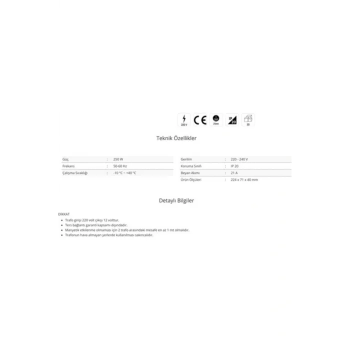 Genel Ürün Ct-2577 21 Amper Şerit Led Trafosu 250w Slim Model 3 Çip