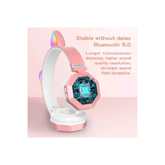 Genel Ürün Rgb Vilya Kedi Kulağı Detaylı Bluetooth Kablosuz Kulaklık Çocuk Oyuncu Fm Radyo Hafıza Kar