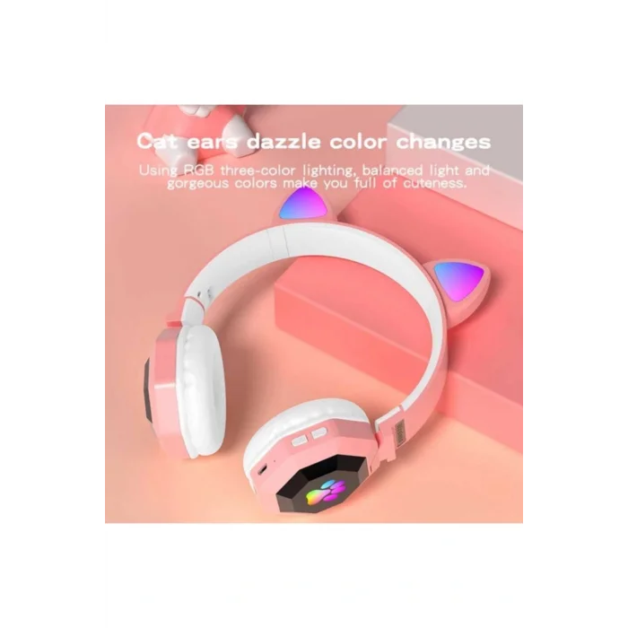 Genel Ürün Rgb Vilya Kedi Kulağı Detaylı Bluetooth Kablosuz Kulaklık Çocuk Oyuncu Fm Radyo Hafıza Kar