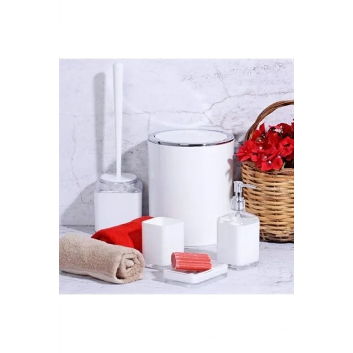 Genel Ürün Outlet Akrilik 5 Parça Kare Beyaz Banyo Seti Kovasız
