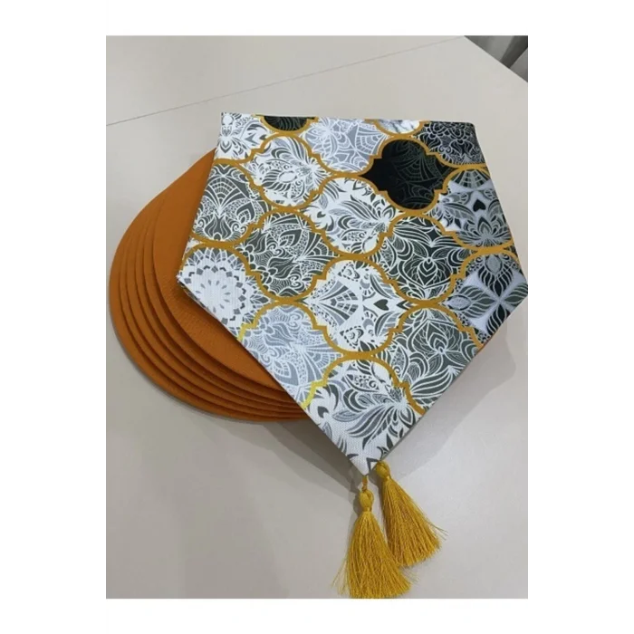 Genel Ürün Gri Macaron Desenli Runner Ve 6lı Supla Seti