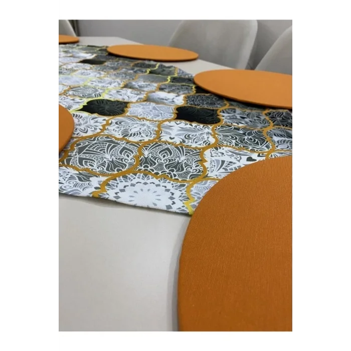 Genel Ürün Gri Macaron Desenli Runner Ve 6lı Supla Seti